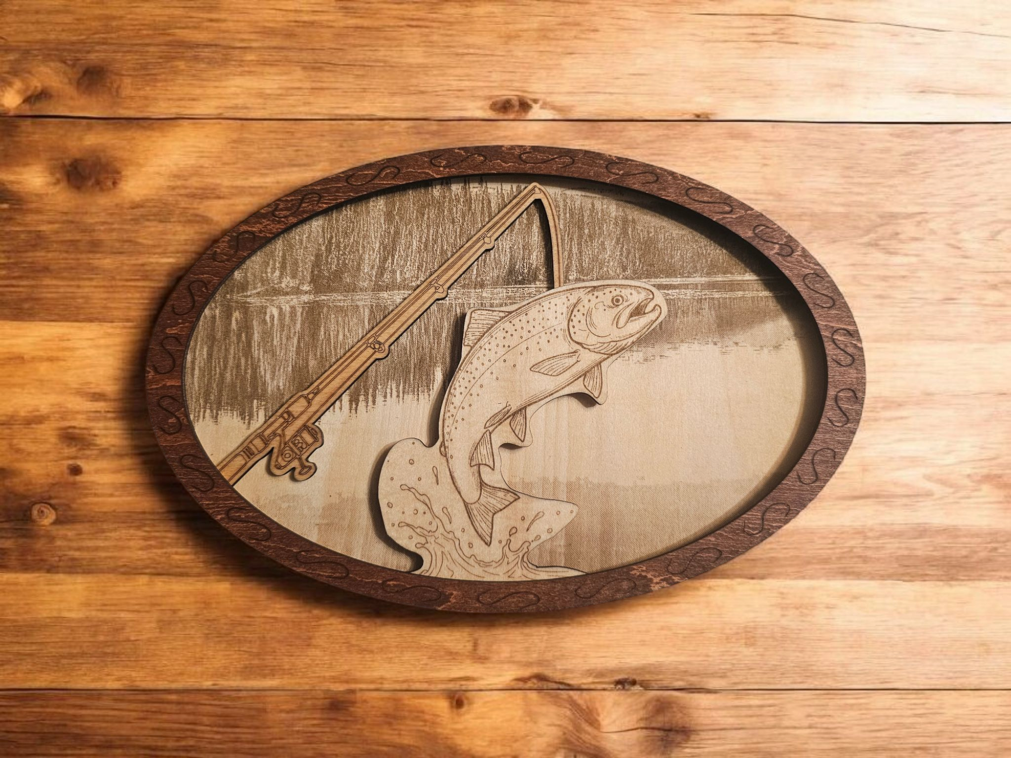 Rustic Multi-Layered Fishing Decor – Jumping Trout