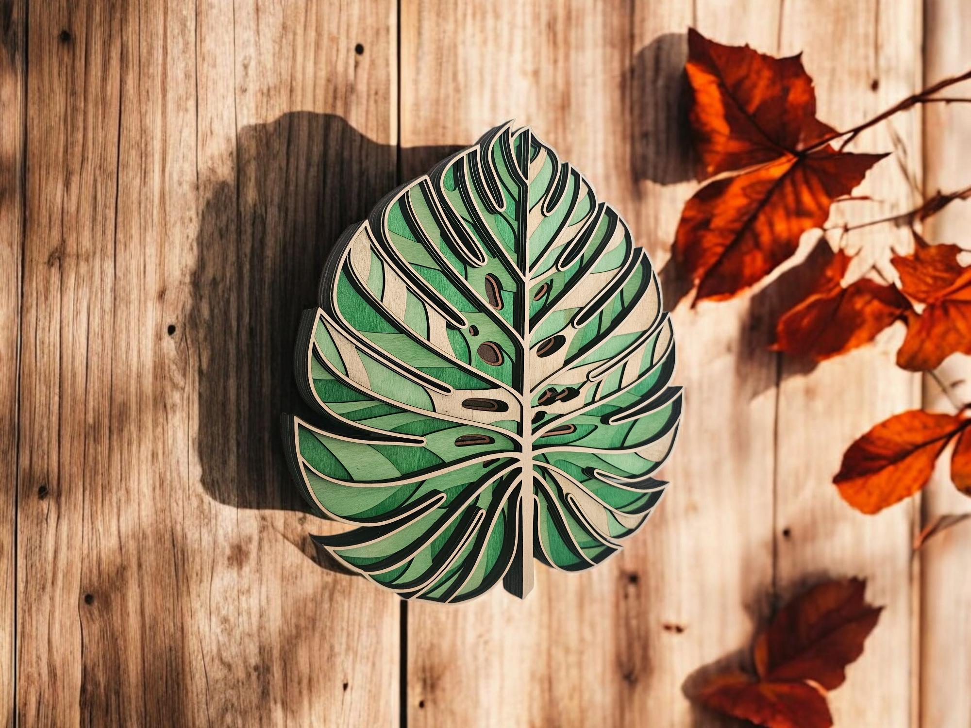 Layered Monstera Leaf Wood Wall Art